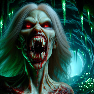 A horrifying vampire queen with unnaturally elongated jawbone, s...