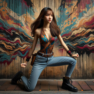 teenage girl, long brown hair and bangs, wearing tight skinny je...