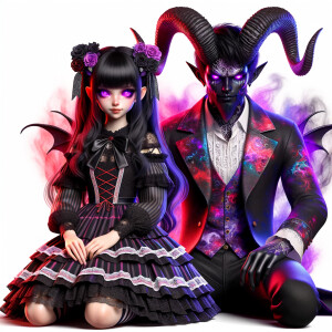 A girl named lilith with elegant gothic lolita dress sit beside Handsome Lucifer with Black Horn, Msyterious Aura of Black Red Purple, Lilith and Lucifer evil smirk, glowing eyes, 3D Humanlike, High Res