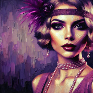 Blended gouache of a beautiful flapper woman, plumy filter ,rim...