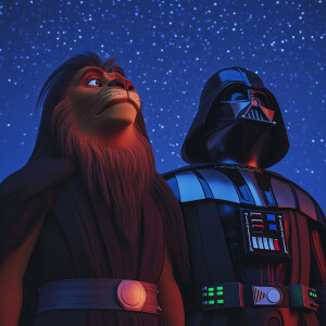 Mufasa and Darth Vader wearing his iconic costume stand side by...