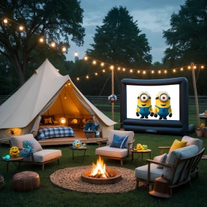 Outdoor boys' glamping birthday sleepover party featuring a 12 p...