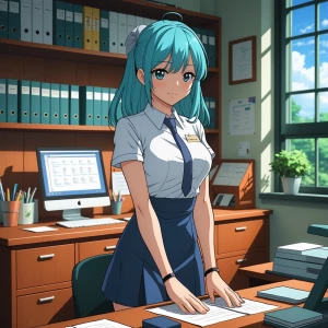 Give me an full body image of a cute anime secretary