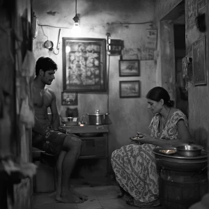 A muscular, perspiring Indian man with a criminal background joy...