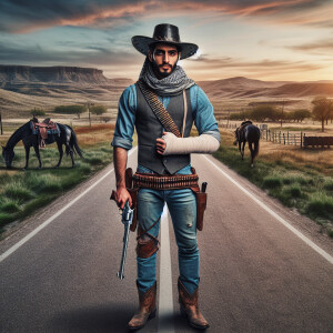 An old west cowboy standing in the middle of the road, in the m...