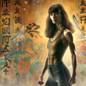 Athletic Thin skinny Attractive, Asian teenage girl, long brown hair and bangs, wearing tight skinny jeans and a halter top paint marks on her clothing, heroic pose Asian graffiti background, backside view