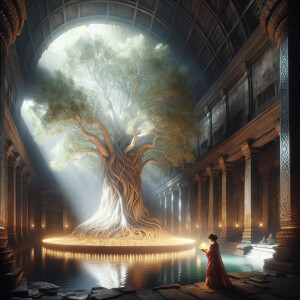 A large glowing tree surrounded by water is located inside  temp...