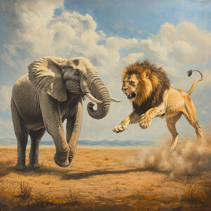 Depict an elephant with an assertive stance guarding its savanna...