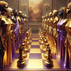 3-D realistic oil, painting, Oh a gold, and purple human chessbo...