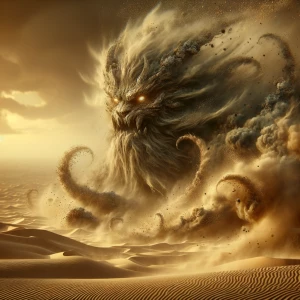 A massive sandstorm twisting into the form of a mythical desert...