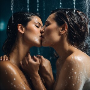 Beautiful woman passionately kissing another beautiful woman, ba...