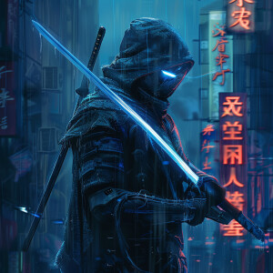 cyberpunk ninja, blue sword