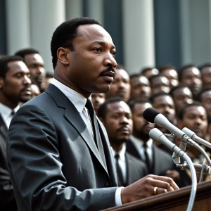 "Standing resolutely at the podium, Martin Luther King Jr. addre...