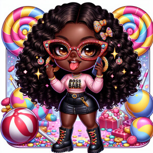 A boujee chibi-style African American girl with a Candy Land the...