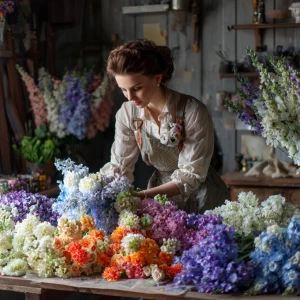 Композиция цветочный мастер-класс. Девушка собирает букет из раз...