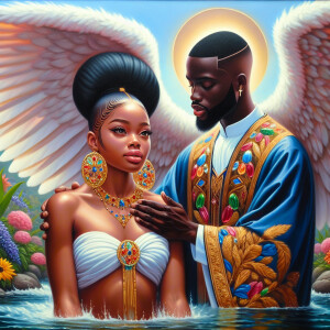 An oil painting depicting a large African-American angel with wi...