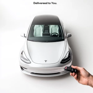 A pristine white background. A premium, sleek rental car (Tesla...