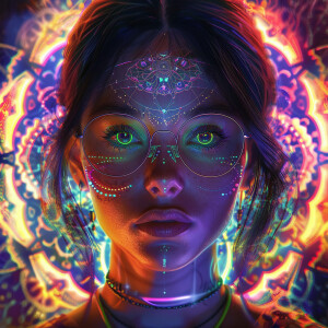 A straight-on, eye-level realistic digital portrait of a woman a...