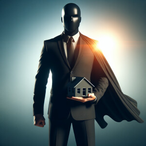 An image of black Superman that is a business suit with a cape a...