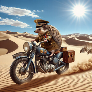 drunk hedgehog in military uniform rides a motorcycle through th...