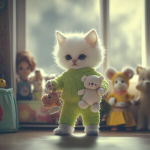 Realistic small white kitten wearing a neon green sweater wearin...