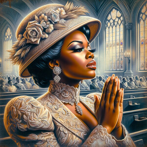 Render an airbrush oil painting of an African American woman with flawless makeup
kneeling at a church altar, her hands raised in a gesture of surrender to God. She's
dressed in stylish Sunday Best attire, with a particular focus on the delicate details of
her Church Hat. The background features a beautifully painted church interior, with the
oil paint texture enhancing the sacred atmosphere. The artwork should capture the
woman's devout expression, the elegance of her attire, and the spiritual ambiance of
the church setting, reflecting a moment of deep faith and devotion.