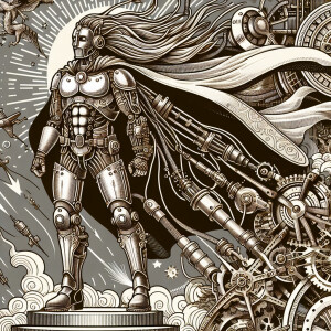 illustration, future, muscles, cape,  hero, steampunk, long hair...