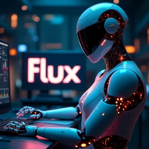 A futuristic and visually striking digital artwork with "Flux Dev" text. A cutting-edge robotic engineer