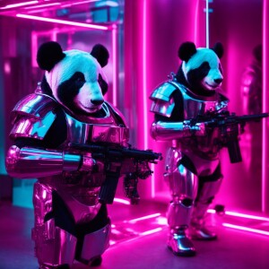 panda bears with guns in shiny robotic suit with pink lights on...