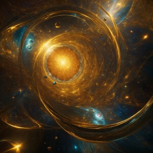 In the center of the cosmic canvas, a gilded oddball space anoma...