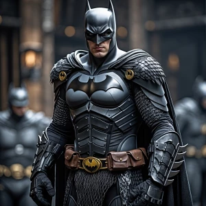 Batman in black armor that resembles fantasy scale mail