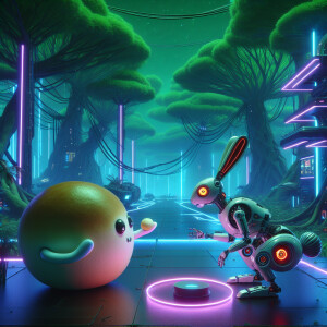 A round bun with eyes and mouth met a robot hare in the forest
