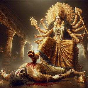 portrait of angry looking goddess durga has her foot on a defeated mahishasur. She is wearing gold armor, a huge gold crown, gold saree, abundant  gold jewelry, covered in blood. Mahishasur laying on ground dead. The scene is set in ancient India. The image is 8K resolution, photography, cinematic, ultra detailed face and epic