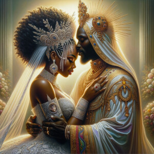 Imagine a hyper-realistic oil painting that captures a tender moment between theAfrican American bride and her God. The setting is intimate and filled with soft, warm lighting that enhances the emotional depth of the scene. The bride, in herexquisite wedding gown, shares a heartfelt embrace with her african-American Lord Jesus , who is dressedin an elegant outfit that complements the wedding's color scheme. Their expressions are full of love, pride, and joy, reflecting the special bond between them. Theattention to detail is paramount, from the intricate designs of their dresses to the subtle emotions conveyed in their facial expressions. The background is a blur ofgentle pastel hues, ensuring that the focus remains on this touching moment. Thispainting should convey the warmth, love, and depth of the relationship, with the rich textures and vibrant strokes characteristic of oil paintings, capturing the essence of this significant pre-wedding moment.