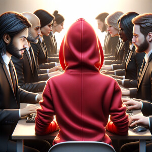 Backside profile of a young woman wearing red hodie, surrounded by backside profile of men with black suits who work in front of computer screens