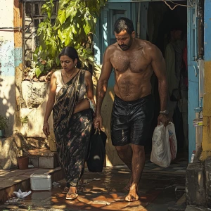 Photorealism, a muscular sweaty employer criminal man evening wa...