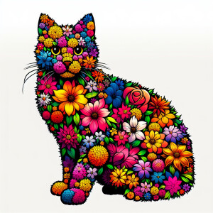 Imagine a cartoon of a cat with a body covered in a vibrant arra...