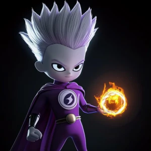 Create an image of a cartoon superhero with a white face and pur...