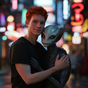 Capture a hyper-realistic image of a man and an alien man  in an...
