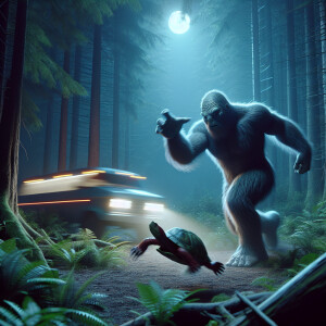 A huminoid looking sasquatch throwing a turtle at a moving vehic...