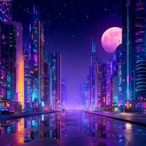 Create a  photo of a futuristic neon-lit cityscape at night, dep...