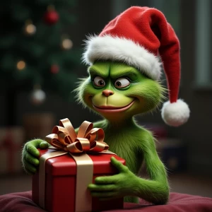 The Grinch,crying holding gifts,  ultra-detailed, ultra-realisti...