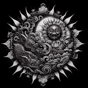 A black and white dovme featuring the Japanese sun and Japanese...