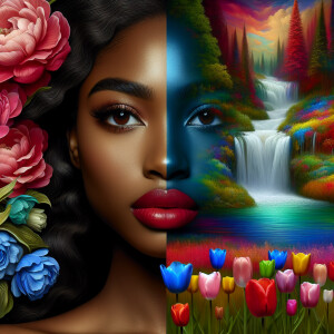 Create a digital artwork showing a half-portrait of a light-skin...