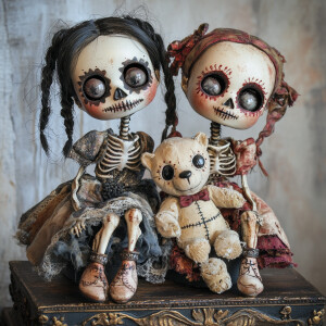 disney-esque creepy dolls with skeleton faces and dia de los Mue...