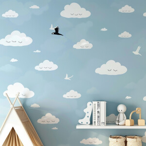 Детские обои с рисунками облаков и птиц в стиле минимализм