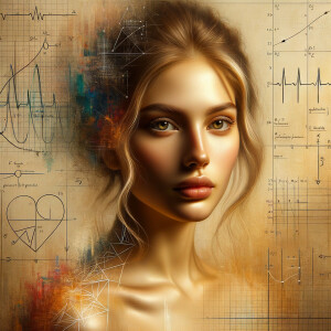 Abstract, minimalist, art cardiogram, charts complex, mathematical formulas, spontaneous lines, and paint marks, paint in hair, golden ratio