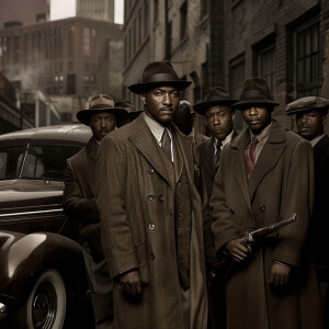 **Visual Prompt for a Group of 1940's G-Men Led by Delroy Lindo:...