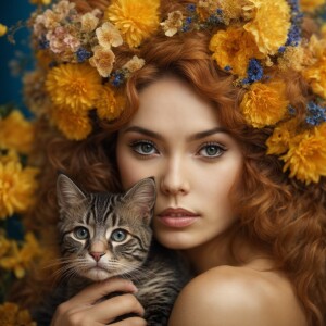 Create an image of a stunning woman adorned with flowers in her...