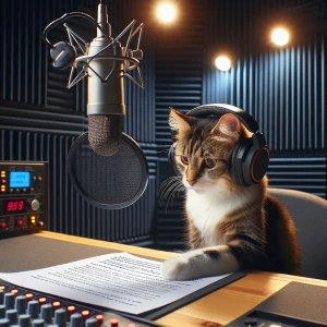 A domestic cat wearing headphones, intently reading an open lett...
